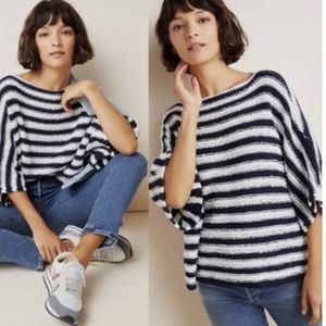 Anthropologie Lita Navy Blue White Striped Pullover Oversized Sweater Size M/L